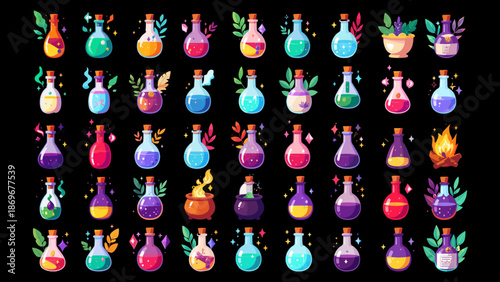 Fantasy Magic Potion Bottles Set with Colorful Glowing Liquids Vector