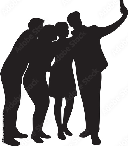 Modern Group Selfie Vector Illustration Featuring a Diverse Group of Happy Friends.