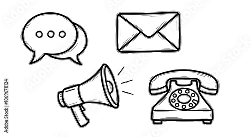 Simple black and white line drawing of communication icons including a speech bubble, envelope, megaphone, and rotary phone on a plain background from a straightforward viewpoint