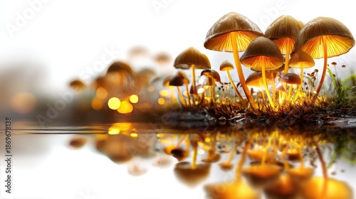 Enchanting Mushrooms: A cluster of magical, glowing mushrooms casting a surreal reflection in tranquil water, inviting the viewer into a world of wonder and fantasy.