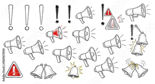 Assorted notification icons including megaphones, exclamation marks, and warning signs conveying attention and alerts in various styles