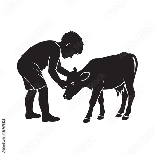 Child Caring For Calf Outdoors Silhouette