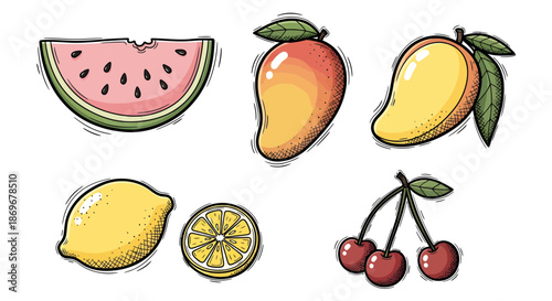 Assorted fresh fruits including watermelon, mango, lemon, orange, and cherries displayed together in a vibrant digital illustration.