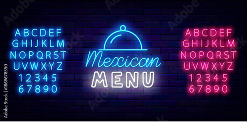 Mexican menu neon emblem. Dish icon. Mexican bar and restaurant. Glowing pink and blue alphabet. Editable stroke. Vector stock illustration