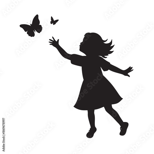 Playful Girl Chasing Butterfly In Garden Silhouette
