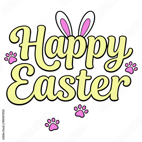 Happy Easter Vector Typography Illustration with Decorative Bunny Elements on Clean White Background