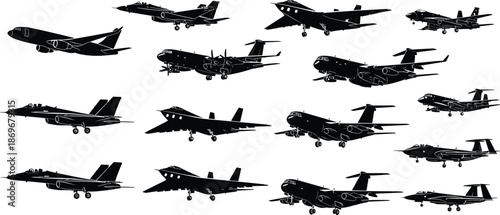 Military aircraft silhouettes in grid formation, fighter jet shapes, bomber outlines, aviation design comparison, warplane identification, tactical airframes collection