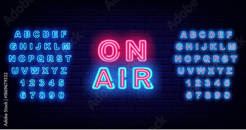 On air neon quote. Record studio and radio. Live streaming. Shiny turquoise alphabet. Vector stock illustration