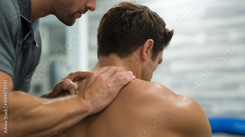 Foto Crossfit athlete shoulder impingement receiving muscle release therapy clean whi