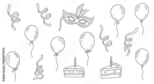 A celebratory scene featuring balloons, masks, and cakes in a festive atmosphere viewed from directly above.