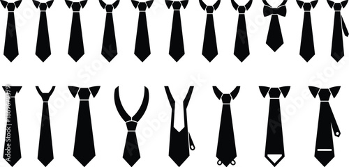 Necktie icons, black tie symbols, fashion vector, formal wear graphics, bow tie illustrations, stylish neckwear, elegant accessory set