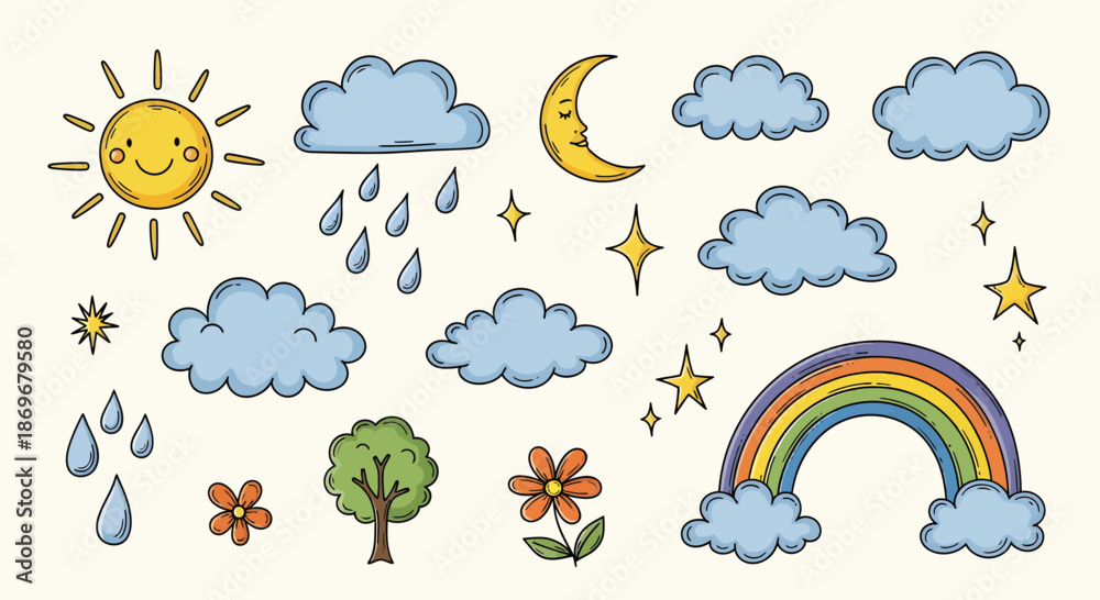 Obraz premium Weather elements and nature symbols including clouds, sun, moon, rainbow, and flowers in a whimsical illustration