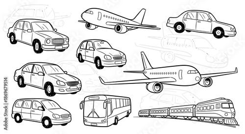 Collection of various vehicles including cars, airplanes, and trains illustrated in a simple line art style
