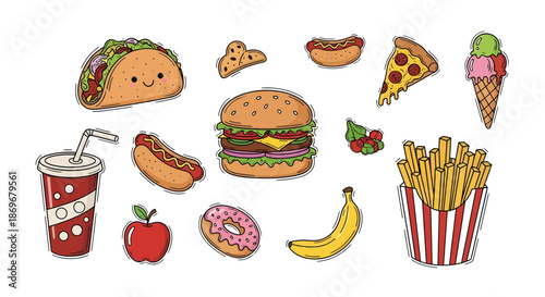 Assorted Fast Food Items Including Burgers, Fries, and Desserts on a Clean White Background from a Direct Overhead Viewpoint