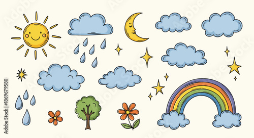 Weather elements and nature symbols including clouds, sun, moon, rainbow, and flowers in a whimsical illustration