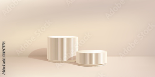 Beige product podium, shadow bg. Marble 3d pillar in light limbo. Elegant fluted premium display studio. Soft spotlight gobo on white ramadan platform. Two level cream cosmetic poduim, abstract stage