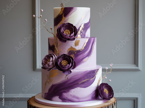 Elegant three tiered wedding cake with purple marble design and gold accents