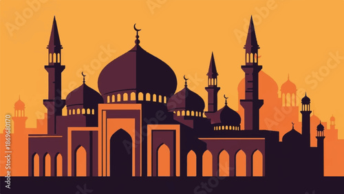 A serene mosque silhouette against an orange sky at dusk, showcasing architectural grandeur and spiritual ambiance