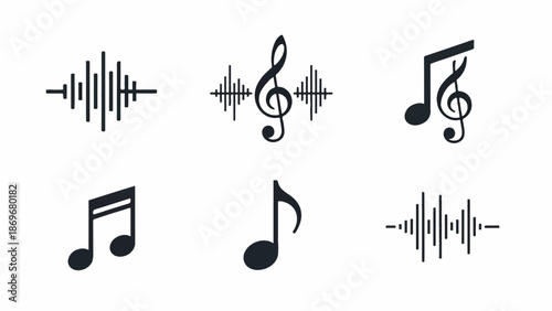 Musical notes and sound waves depicted in a minimalist design on a white background from a straightforward viewpoint