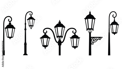 A collection of ornate black street lamps in a simple graphic style