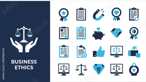 Business Ethics Vector Icons – Company, Corporate, Management, Law, Design & Ethical Symbols.