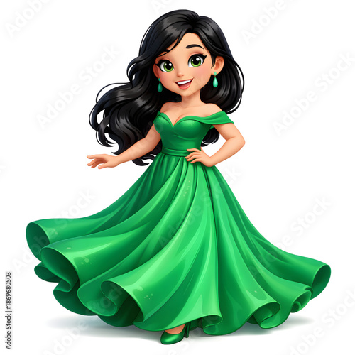 Women Character with Long Black Hair and Wearing Flowing Green Gown