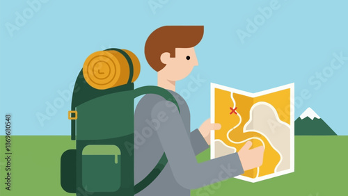 Adventurous hiker diligently studying a map for navigation, charting a course through breathtaking natural landscapes, embodying the spirit of discovery and solo outdoor exploration