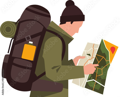 Focused explorer with backpack studies map, charting a challenging wilderness journey, embodying navigation, preparedness, and spirit of outdoor adventure