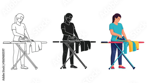 Woman ironing clothes an ironing board in three styles outline, silhouette, and full color illustration