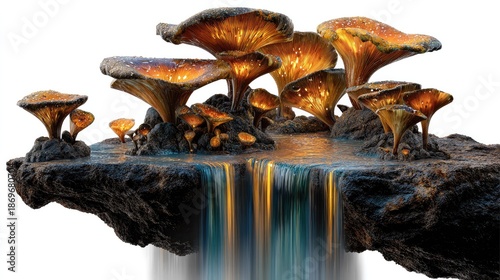 Glowing Mushrooms Cascade: A surreal scene unfolds with vibrant, glowing mushrooms emerging from a rocky island, cascading over a waterfall of light. A dreamlike environment of ethereal beauty.