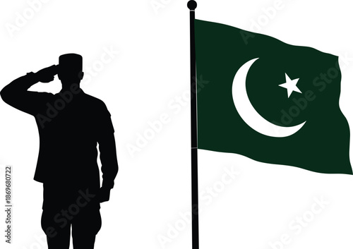 Pakistani soldier saluting national flag silhouette symbolizing patriotism, independence, military honor, national pride, and defense service illustration