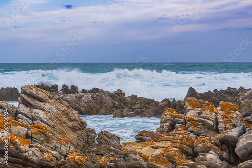 Meeting point of Atlantic and Indian Ocean in Cape Agulhas, South Africa. Garden Route