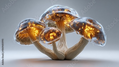 Glowing Mushrooms: A cluster of luminous mushrooms captivates with their ethereal glow and intricate forms, as the light reveals their delicate structure. 