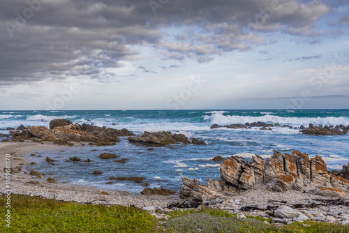 Meeting point of Atlantic and Indian Ocean in Cape Agulhas, South Africa. Garden Route