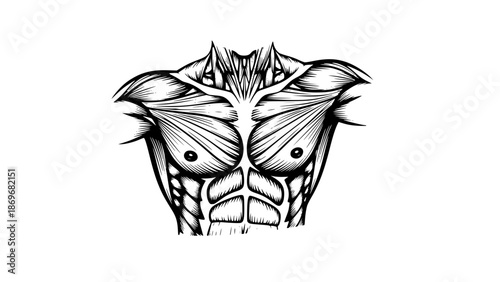 Flat vector illustration of male chest muscles isolated, gym anatomy style, fitness training illustration, clean lines, modern workout vector, educational sports graphic