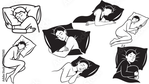 Vector silhouette set of people in various sleeping positions hugging pillows for healthy sleep habits wellness and nighttime relaxation concepts