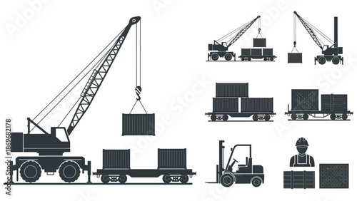 Construction equipment cranes freight cars forklift and worker silhouette illustrations