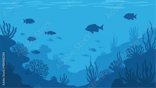 Underwater scene with fish swimming among coral reefs in the ocean viewed from a distance