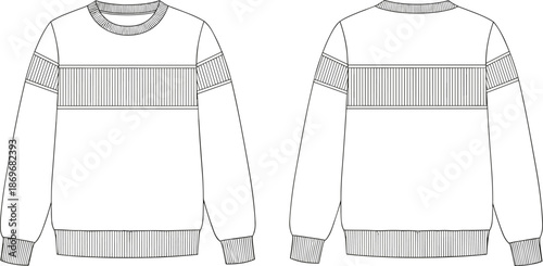 Technical fashion sketch of a unisex crewneck sweatshirt, long sleeves, ribbed cuffs and hem, front and back view garment template.