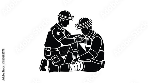 Two construction workers assisting a colleague with a bandaged leg