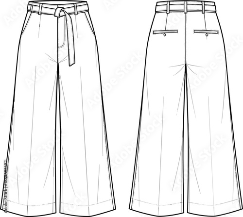 Technical fashion sketch of a women high waisted wide leg trousers, belted waist, front pockets, back welt pockets garment template.