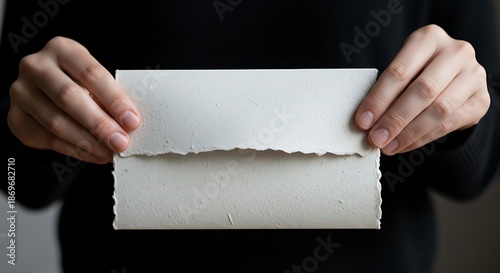 A person holding a blank, torn-edge piece of textured paper, ready for personalization or artistic creation