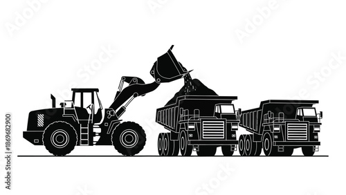 Heavy machinery in action a front end loader unloading into dump trucks