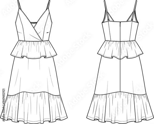 Technical fashion sketch of a women peplum midi dress, spaghetti straps, wrap bodice, tiered skirt flat drawing, garment design template.