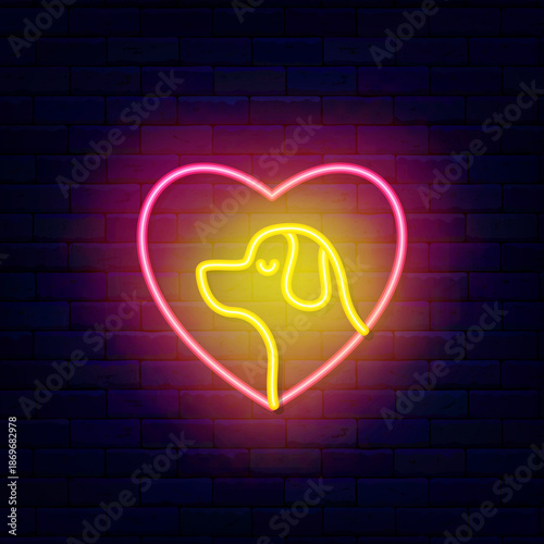 Dog head neon icon. Heart frame. Love animal care center. Veterinary, training and grooming. Domestic animal. Human pet. Glowing typography. Editing text. Vector stock illustration