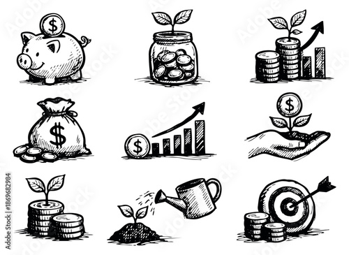 Hand drawn line art investment and financial icons set featuring savings, growth, and success concepts for business and planning
