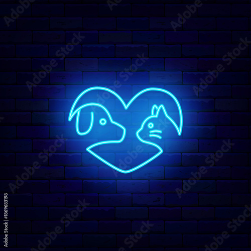 Dog and cat neon icon. Heart frame. Love animal. pet care center. Veterinary, training and grooming. Domestic animal. Glowing typography. Editing text. Vector stock illustration