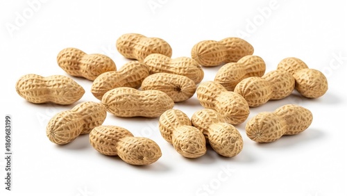 A pile of raw peanuts on a white background