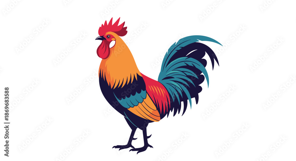 Fototapeta premium Vibrant illustration of a rooster with colorful feathers in shades of orange, red, and blue standing on a white background.