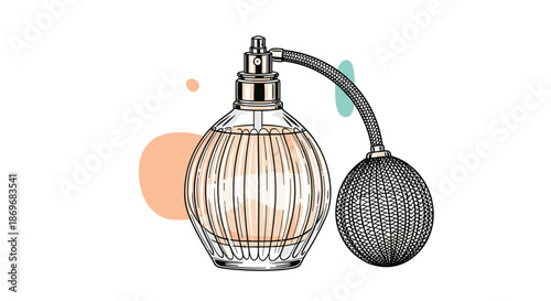 Elegant vintage perfume bottle with a classic atomizer bulb shown against soft peach and blue abstract shapes in line art.